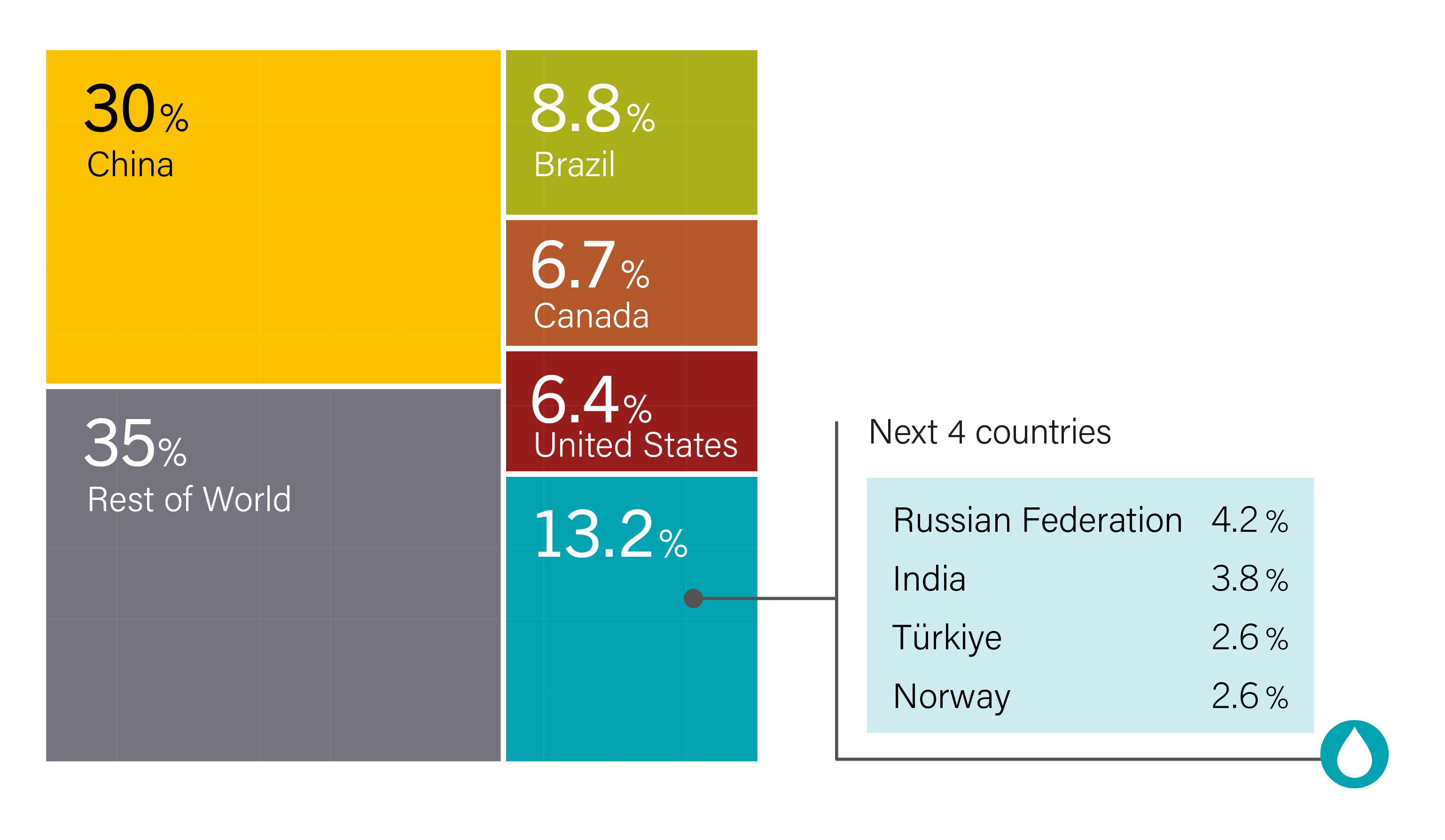 Global Hydropower Capacity, Shares of Top 8 Countries and Rest of World, 2024