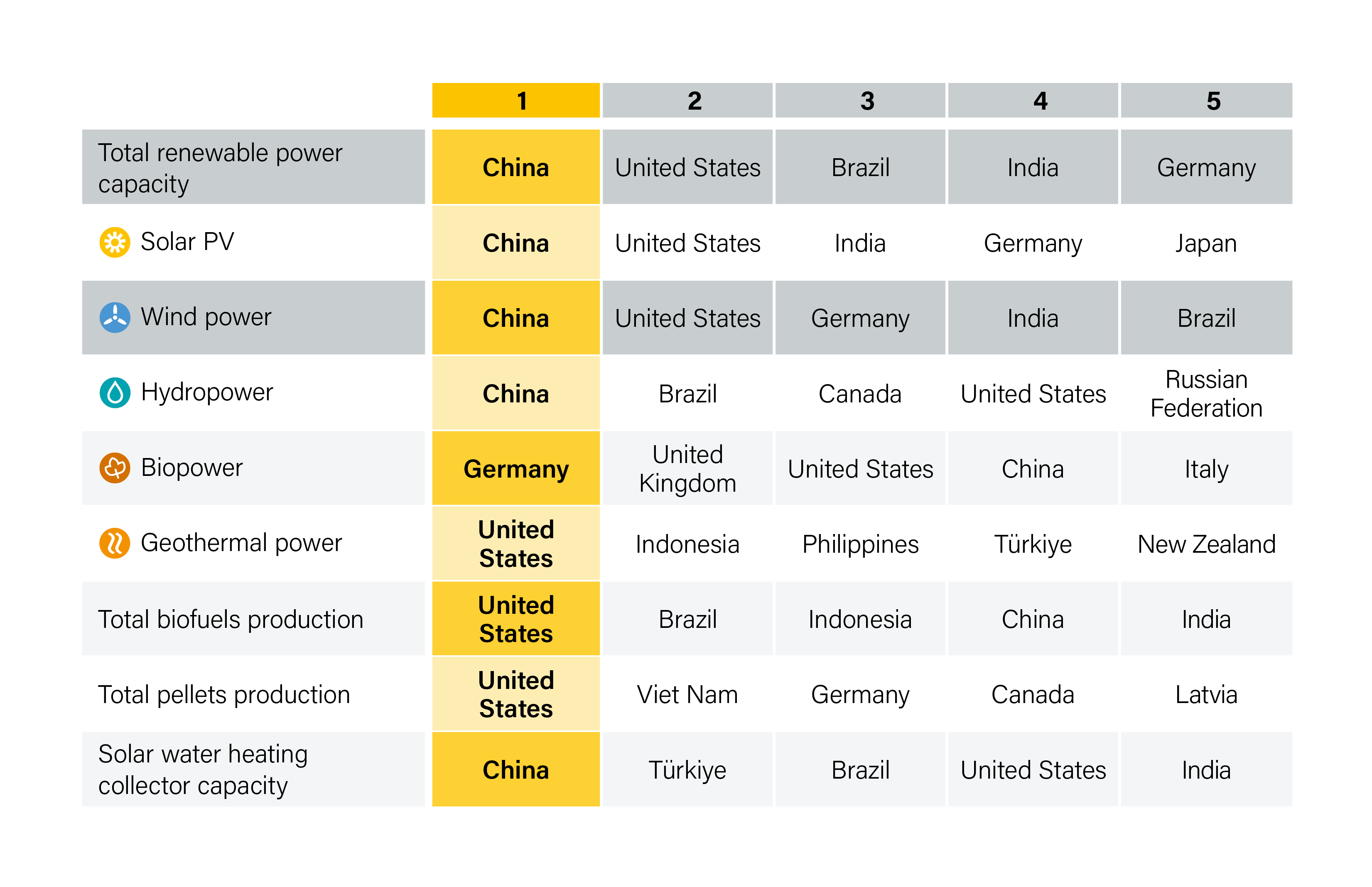 Top Five Countries for Total Renewable Energy Supply by Technology/Source, 2024