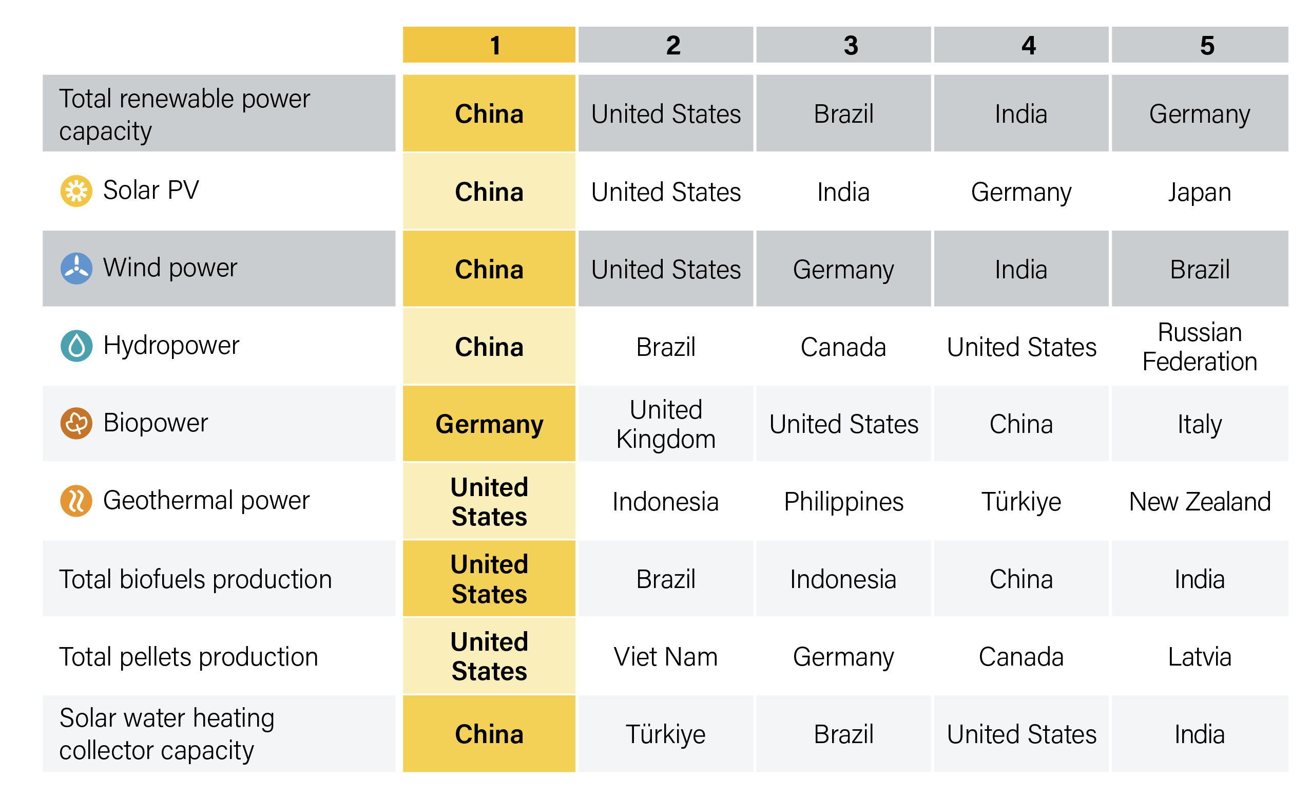 Top Five Countries for Total Renewable Energy Supply by Technology/Source, 2024